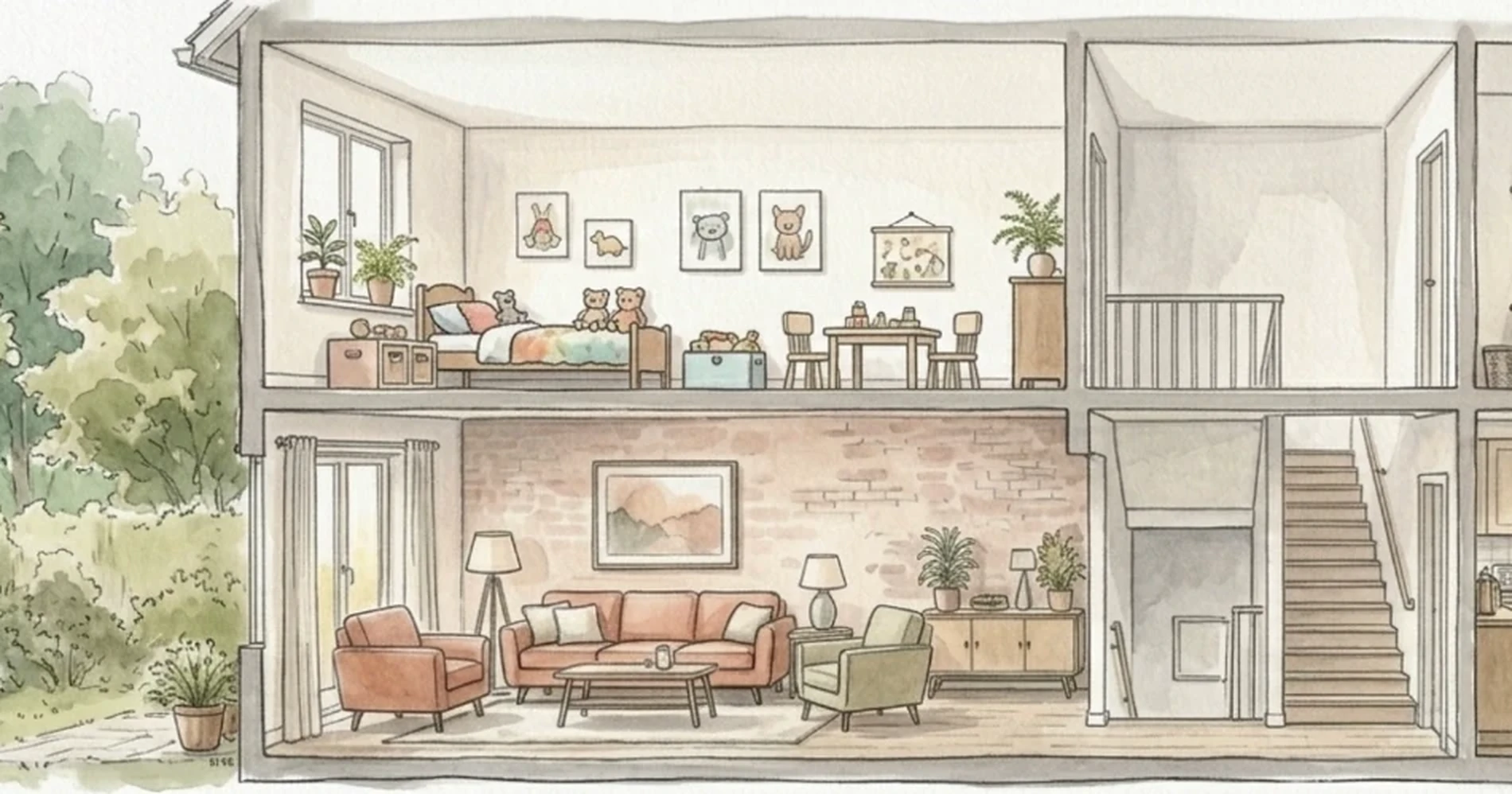Aquarel van een opengewerkt huis met woonkamer, keuken, kinderkamer en werkkamer